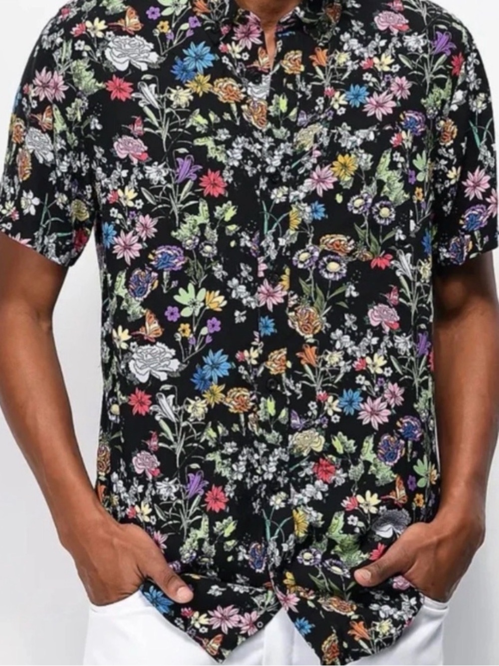 Empyre Black Floral Short-Sleeve Button-Down Shirt
